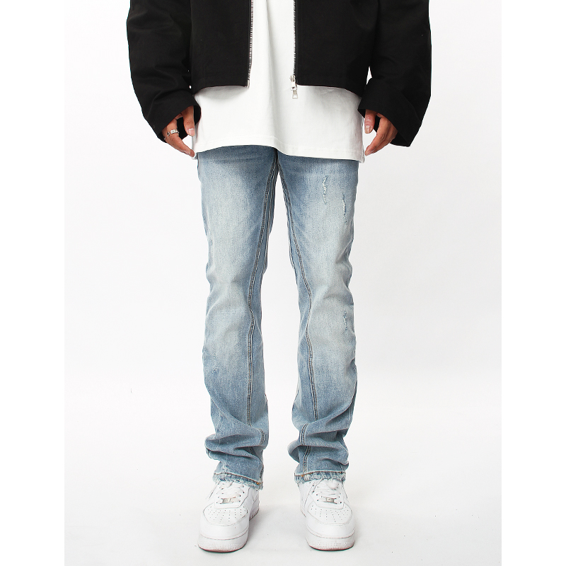 高街微喇修身弹力水洗蓝牛