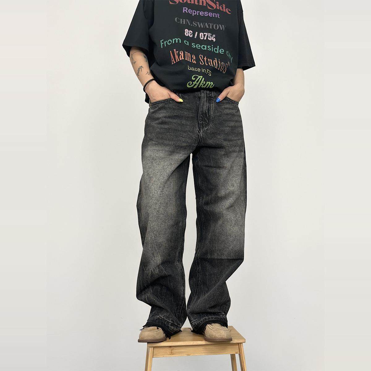 水洗做旧黑灰色毛边牛仔裤