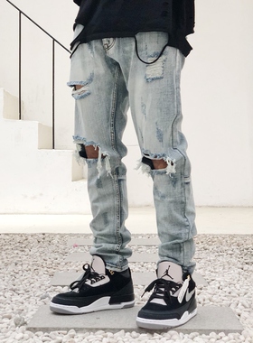 高街直筒宽松百搭显瘦浅色膝盖破洞牛仔裤潮男乞丐裤嘻哈长裤夏季