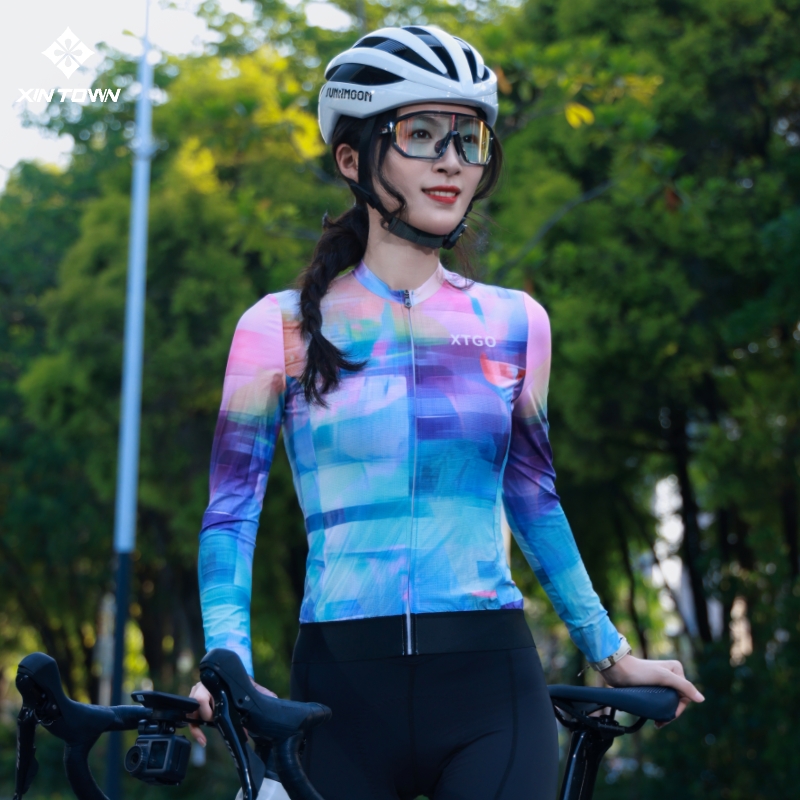 XINTOWN新款女霓虹长上衣骑行服女款长袖骑行服高弹速干透气