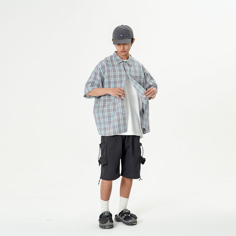 南夏乔装2025夏季新款男士满印格子印花翻领衬衫日潮复古休闲短袖,男装T恤,电商S006（B521）