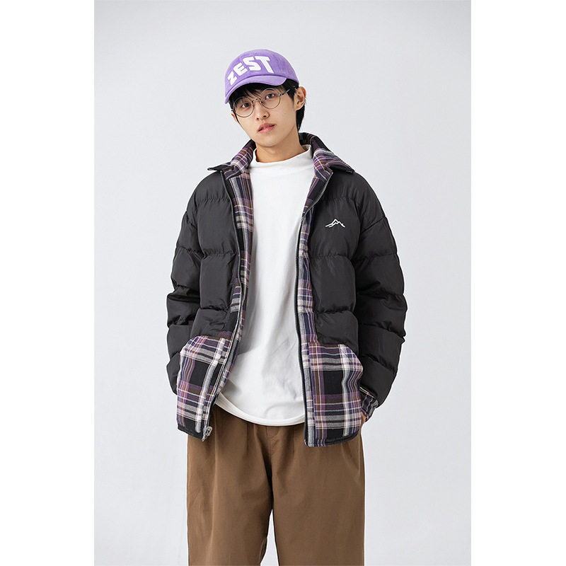 南夏乔装2023冬季新款条纹格子拼接翻领棉衣日潮两面穿圆下摆棉服,男装棉衣,电商S006（B521）