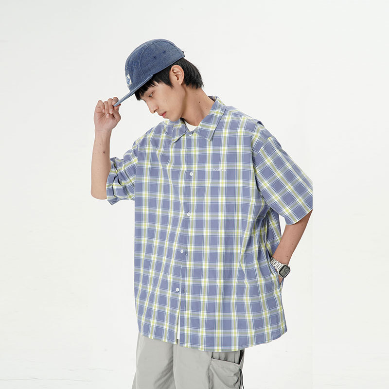 南夏乔装2025夏季新款男士满印格子印花翻领衬衫日潮复古休闲短袖,男装T恤,电商S006（B521）