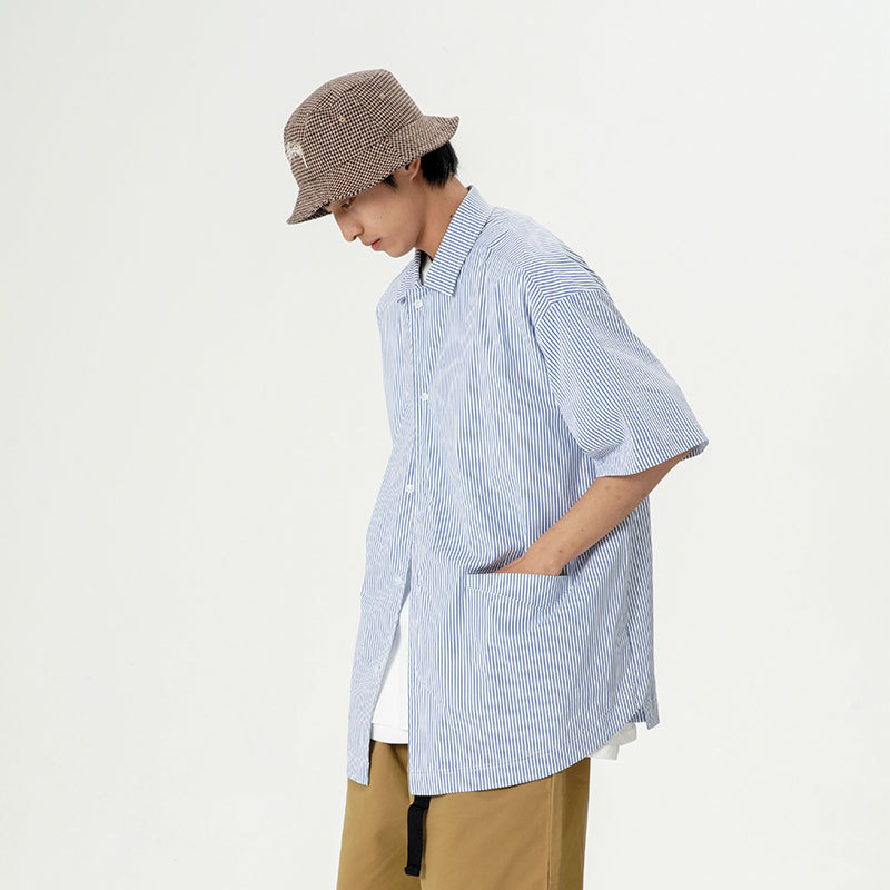 南夏乔装2025夏季新款男士竖条纹翻领衬衫日潮休闲口袋装饰衬衣,男装衬衫,电商S006（B521）