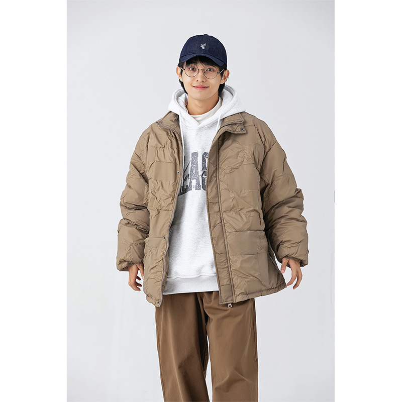 南夏乔装2024冬新款褶皱面料立领羽绒服日系复古宽松保暖羽绒袄男，男装羽绒服，新杭派B521