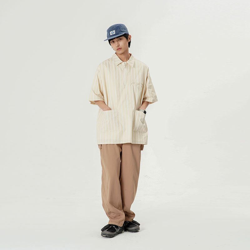 FORN32025夏季新款男条纹印花翻领衬衫日潮休闲半开领短袖衬衣,男装T恤,电商S006（B521）