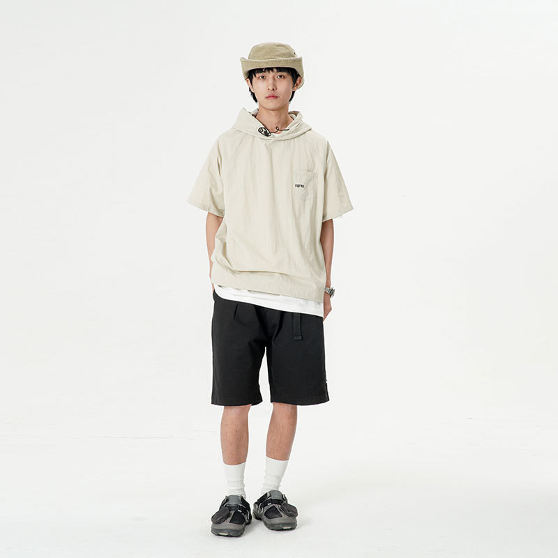 FORN32025夏季新款男士纯色连帽T恤外套日潮休闲cityboy套头短袖,男装T恤,电商S006（B521）
