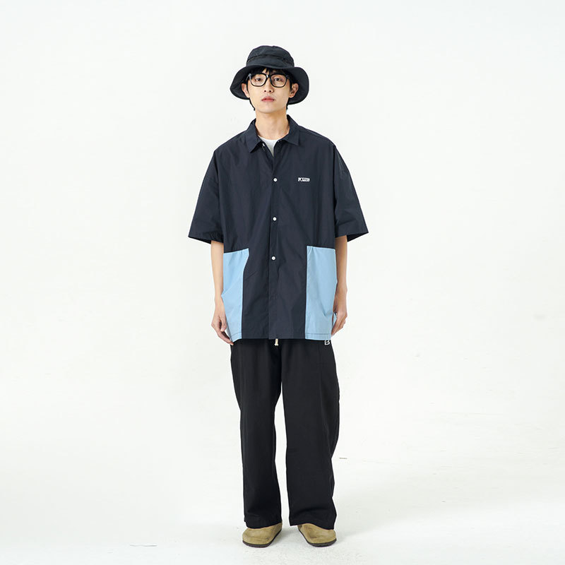 南夏乔装2025夏季男士新款拼色印花绣标翻领衬衫日系休闲宽松衬衣,男装衬衫,电商S006（B521）