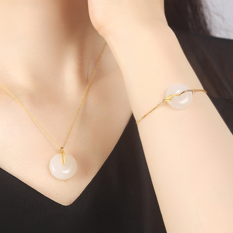 【竹报平安】翠佛堂18k金和田玉白玉套装k金平安扣吊坠女款手链