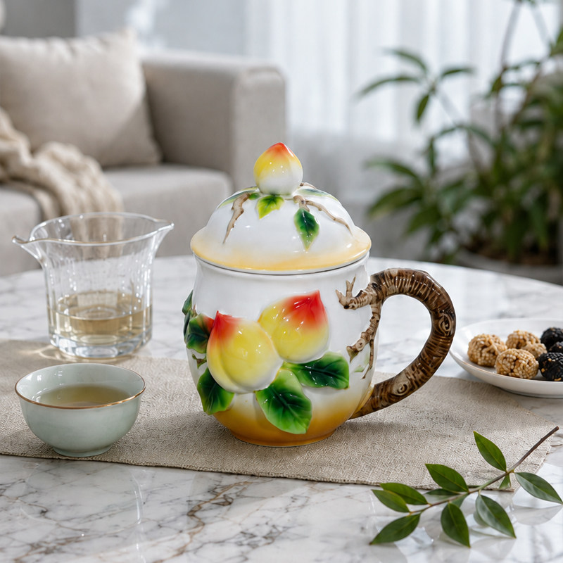 珐琅彩立体寿桃带盖大容量茶杯