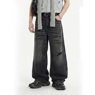 Glowing Box 2026SS 猫须破洞烫珠牛仔裤潮牌街头水洗做旧休闲裤