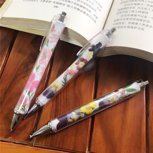 圆珠笔干花笔透明塑料黑色水笔