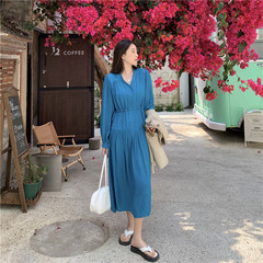 Real price real shot early spring new loose high waist medium length V-neck romantic swing dress