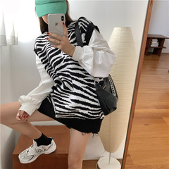 Real price real shot fashion retro Hong Kong Style Zebra Print V-Neck Sweater Vest knitted vest Korean version loose