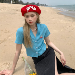 Real price slim high waist open navel short knitted cardigan