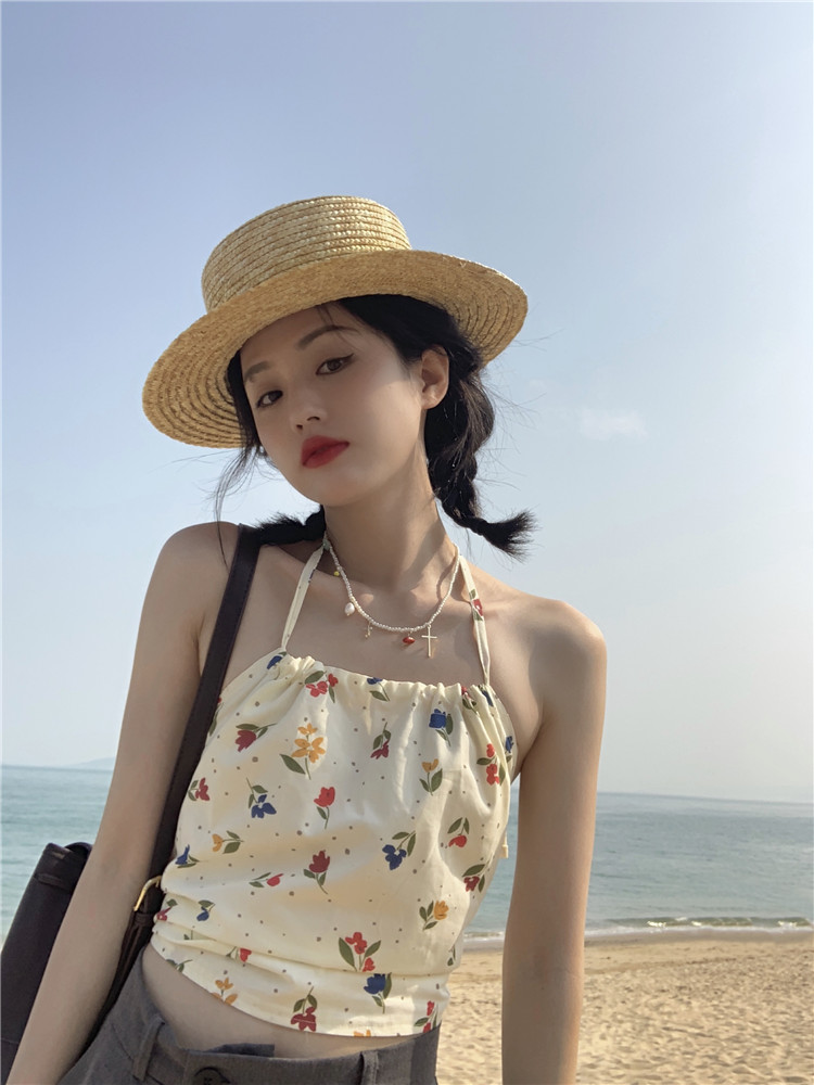 Real price real shot spring and summer new small flower pattern drawstring hanging neck sling knot lace up vest