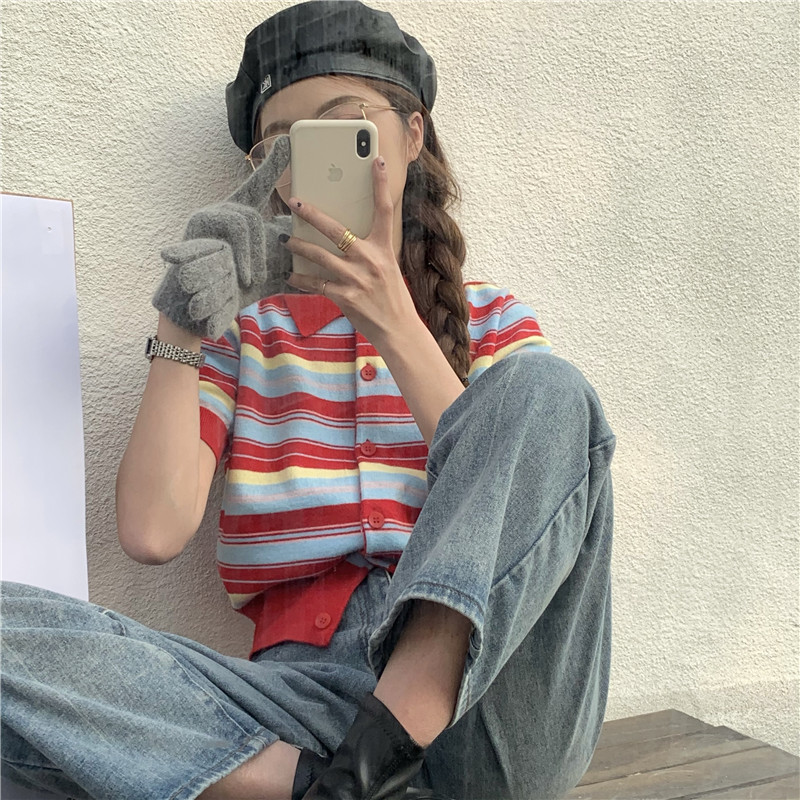 Real price 2021 early spring new academic stripe versatile short sleeve Knitted Top