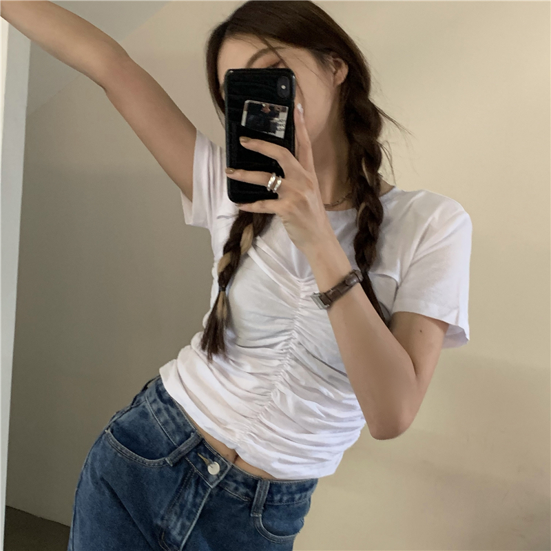 Real price real shot summer slim versatile pleated slim short fashion niche short sleeve T-shirt