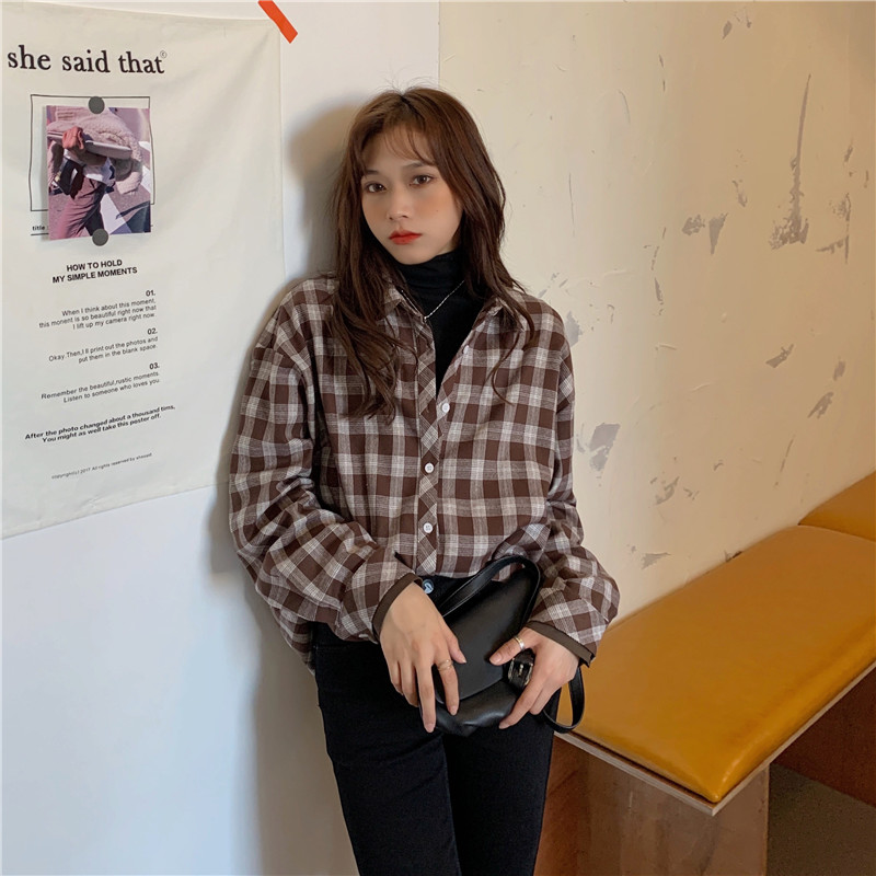 Real shot, real price, loose retro plaid, versatile long sleeve sleeve sleeve stitching, overlapping and wearing thick shirt