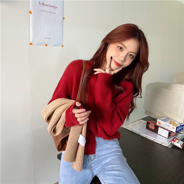 Solid color Vintage long sleeve knitted thickened crew neck cardigan