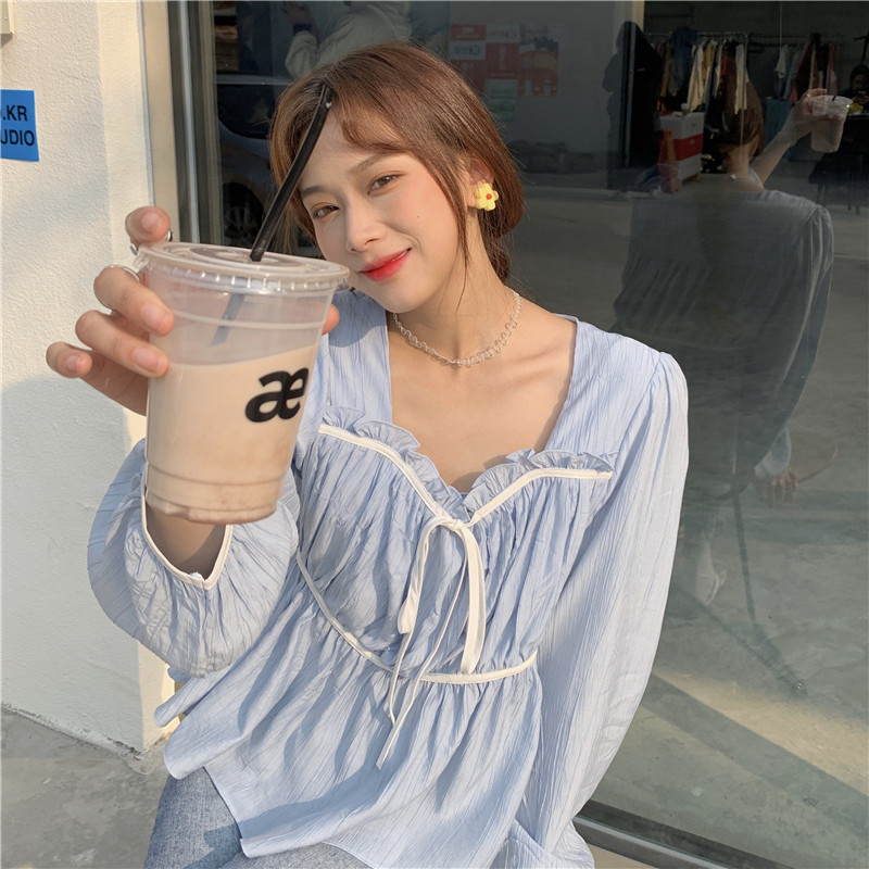 Real price spring 2021 lace up shirt court style long sleeve shirt