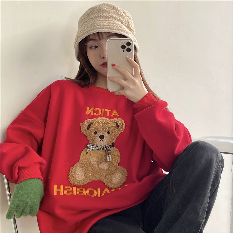 Real price photo bear pasted embroidered Christmas red sweater