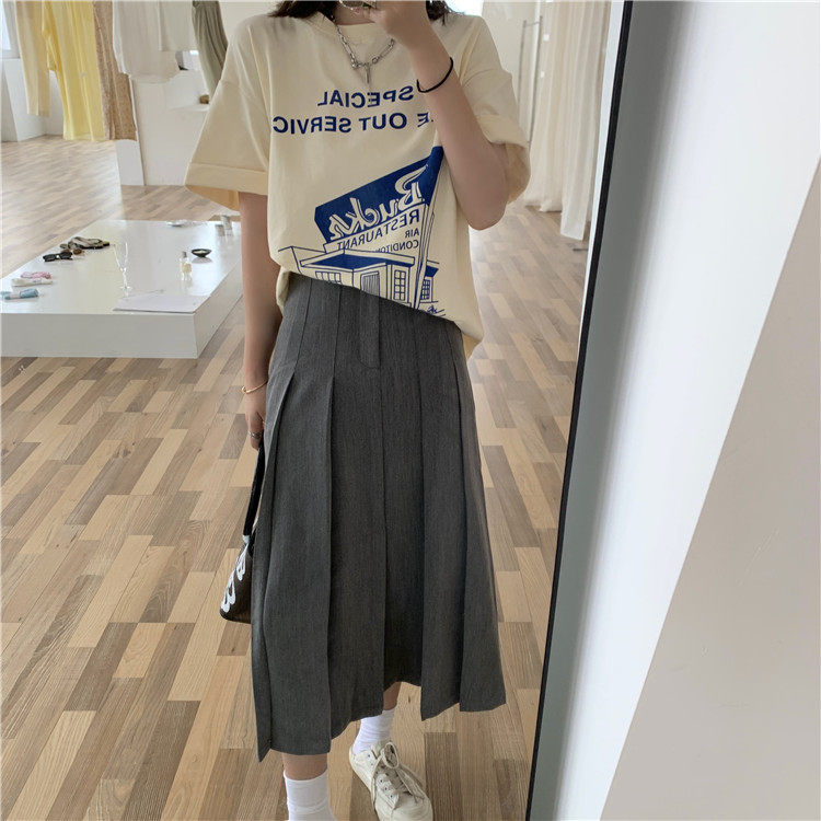 Mid length grey pleated A-line skirt in 2021 spring and summer