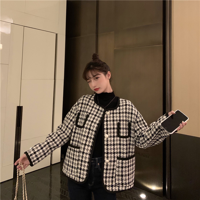Real shot real price small fragrance versatile show thin single breasted plaid coat