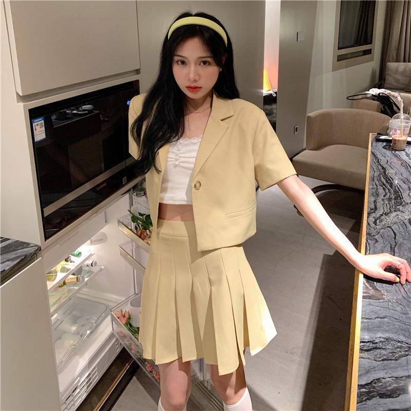 Real price short Blazer Jacket + pleated high waist A-line skirt
