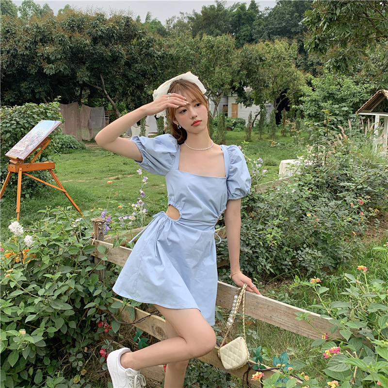 Real price real shot new summer square bubble sleeve cut out lace up dress crowd backless design