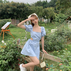 Real price real shot new summer square bubble sleeve cut out lace up dress crowd backless design