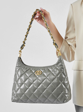 2024新款小香风真皮肩嬉皮包级感粗链条hobo腋下包菱格链条包