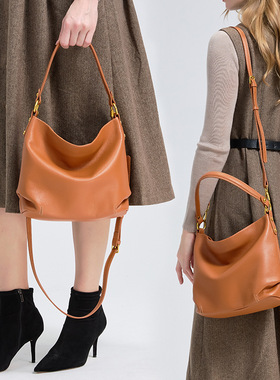 新款真皮百搭单肩斜挎包头层软牛皮复古通勤大容量腋下单肩水桶包