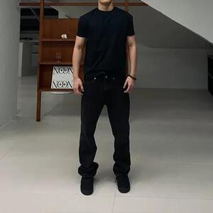 潮牌黑色美式纯色T恤男款夏季健身修身正肩短袖cleanfit黑色半袖图片
