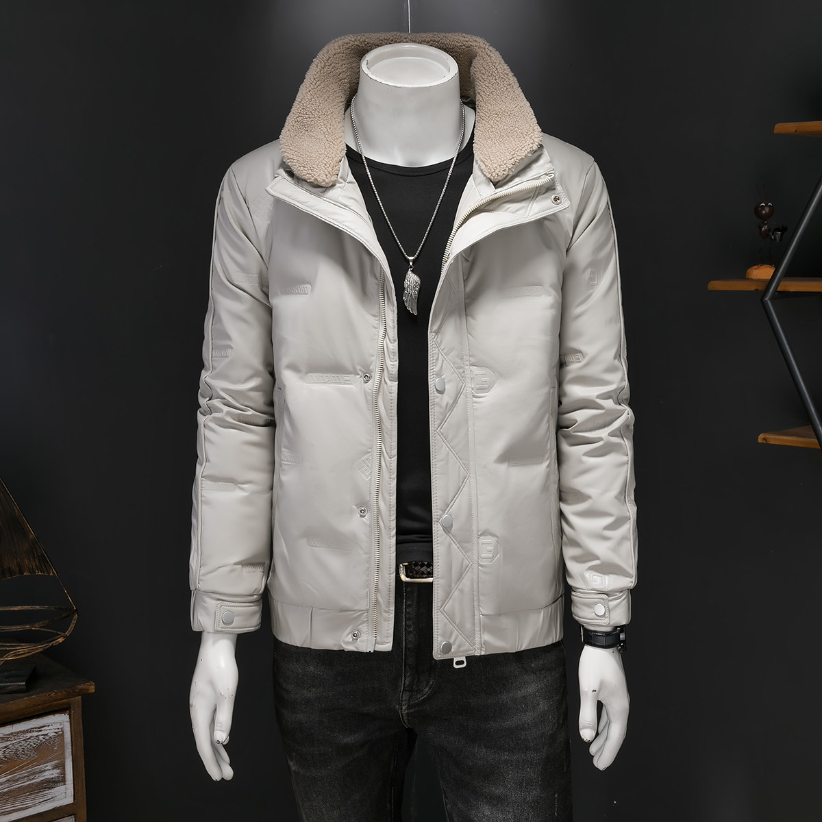 D9666P215皮衣羽绒服男羊羔毛领羽绒外套羽绒衣,男装羽绒服,电商D207