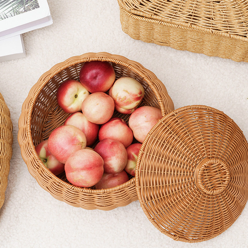 水果篮圆形零食篮子藤编带盖收纳筐首饰化妆品玩具收纳箱仿藤编织,收纳整理,其他收纳篮,淘宝优惠券,粉丝福利购,淘宝优惠卷