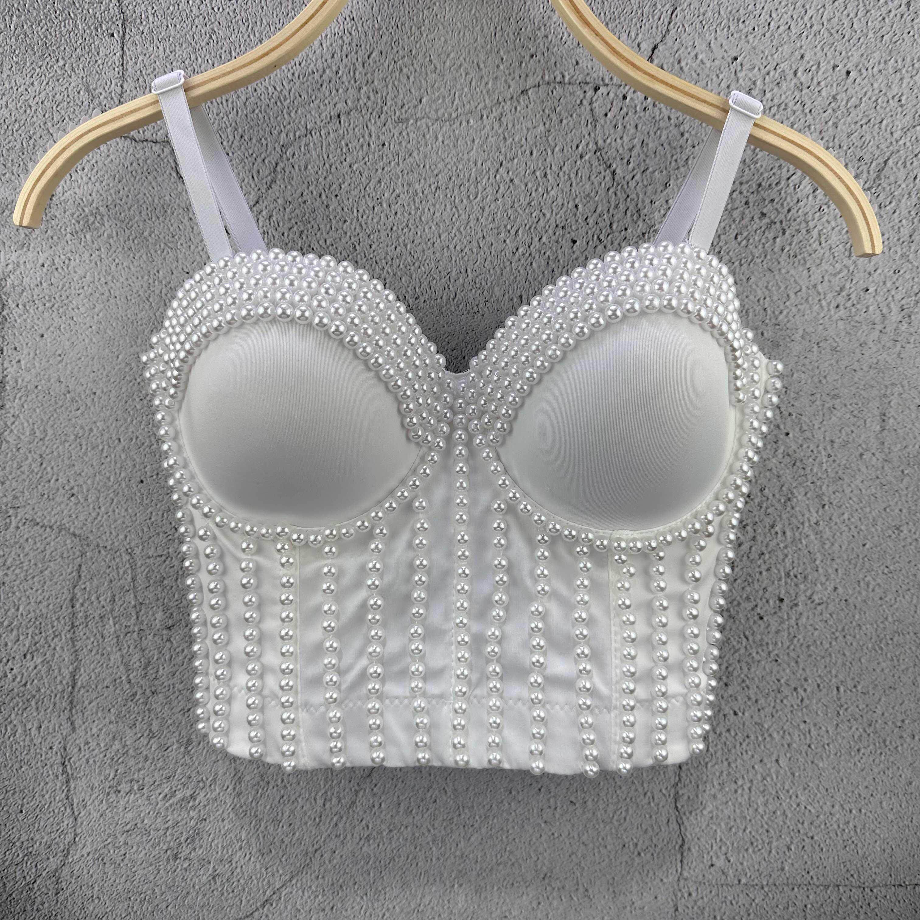 瑞丽珍珠纯手工小背心吊带时尚青春塑身复古纯色鱼骨夜店表演服