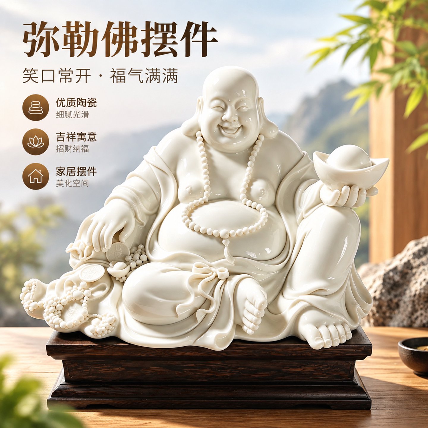 白瓷弥勒佛像摆件陶瓷工艺品笑口常开家居装饰品店铺开业礼品招财