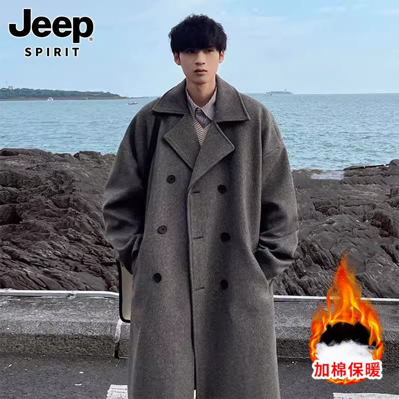 JEEP SPIRIT冬季毛呢大衣男中长款夹棉西装领双排扣呢子风衣外套