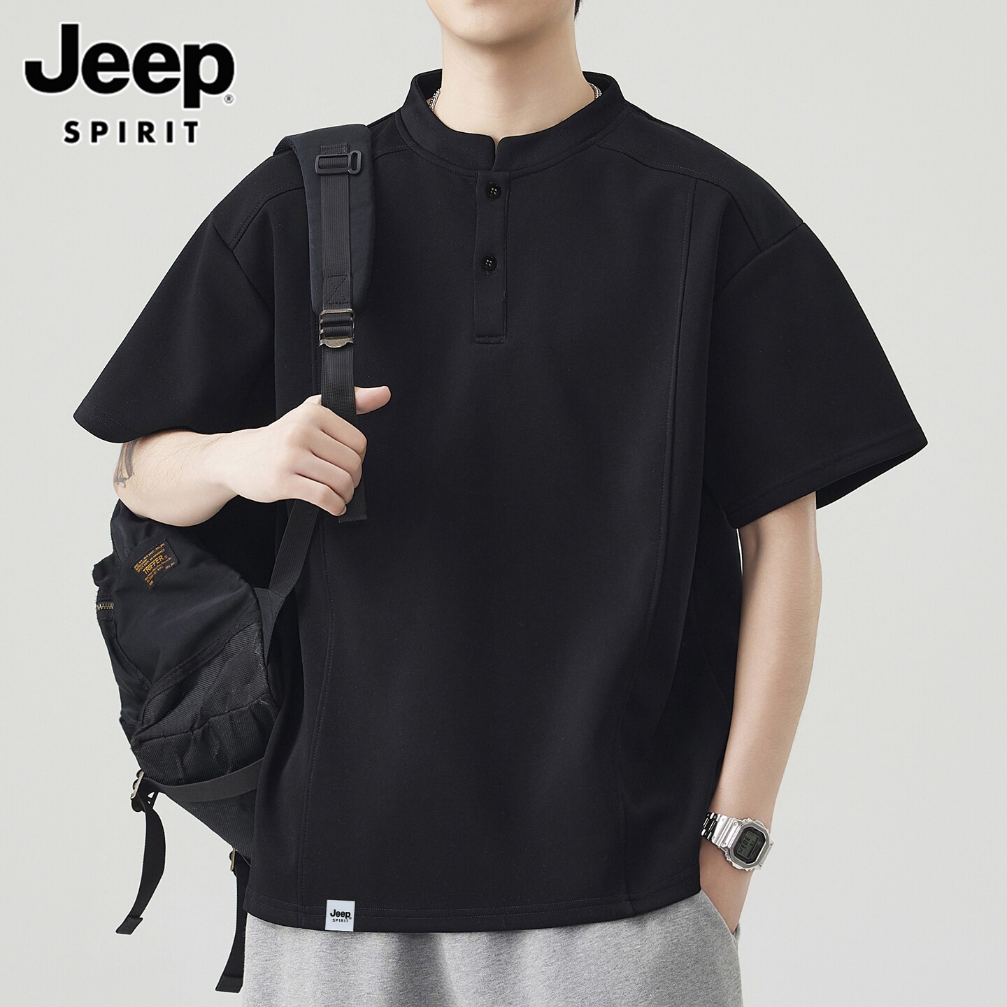 JEEP SPIRIT黑色t恤男士夏季爆款潮流宽松凉感亨利领短袖男生T恤