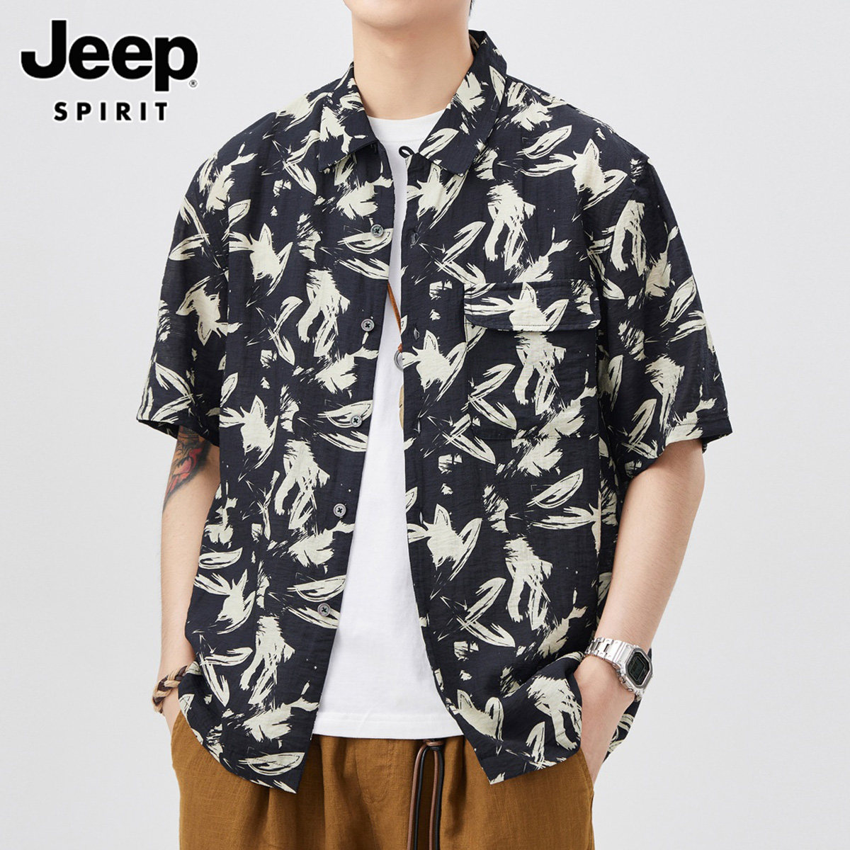 JEEP SPIRIT亚麻短袖衬衫男士2026年夏季潮流夏威夷冰丝花衬衣男