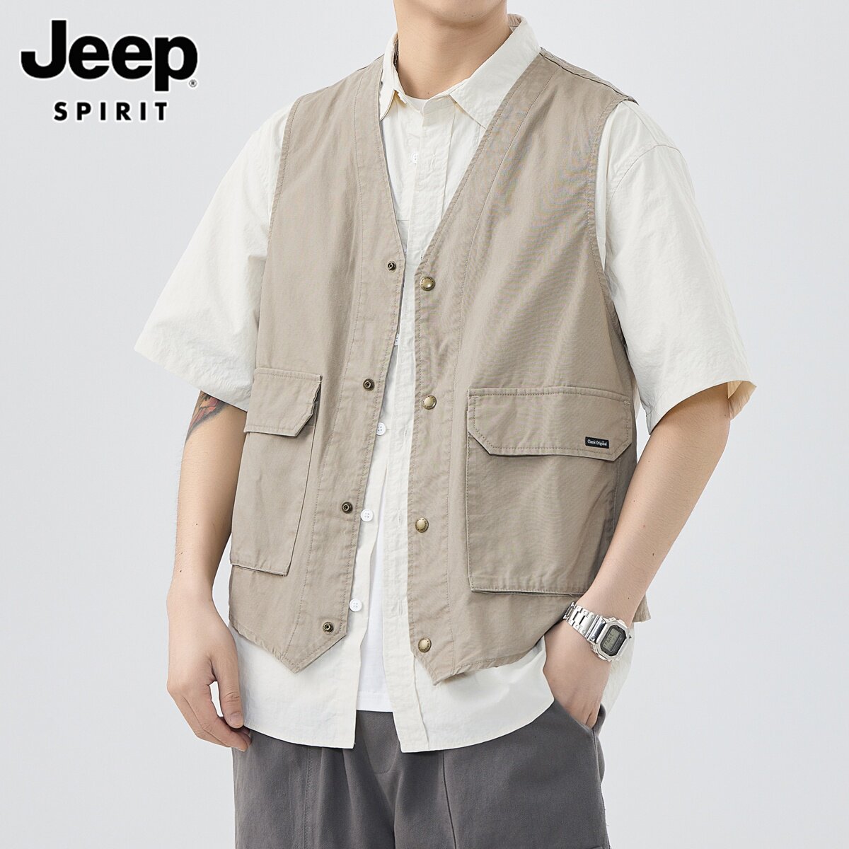 JEEP SPIRIT复古工装马甲男士秋季潮牌户外摄影坎肩背心外套男款