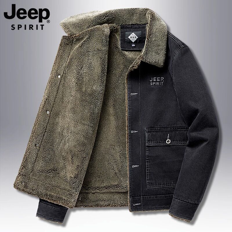 JEEP SPIRIT冬季牛仔外套男士新款加厚羊羔毛翻领工装夹克棉服男