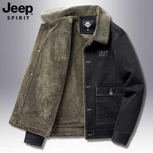 JEEP SPIRIT冬季牛仔外套男士新款加厚羊羔毛翻领工装夹克棉服男