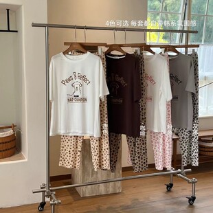 2613#韩社纯棉豹纹悠闲家居服套装女夏季舒适宽松圆领短袖睡衣