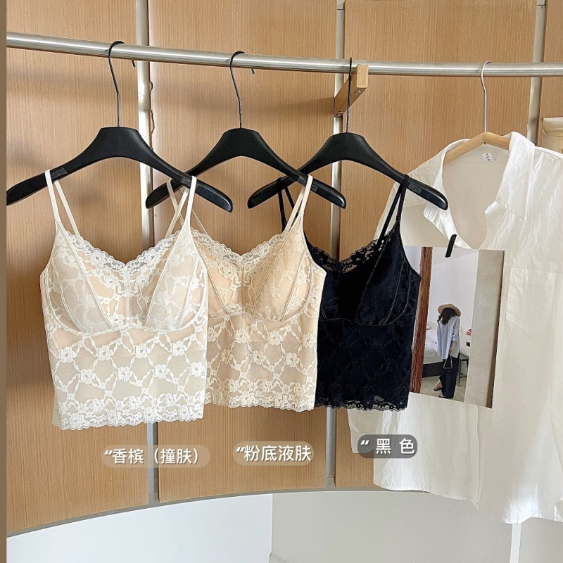 505#法式花卉蕾丝吊带背心女舒适固定杯上托裹胸美背内搭纯色上衣