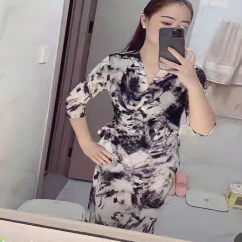 开叉网纱女夏水墨画连衣裙