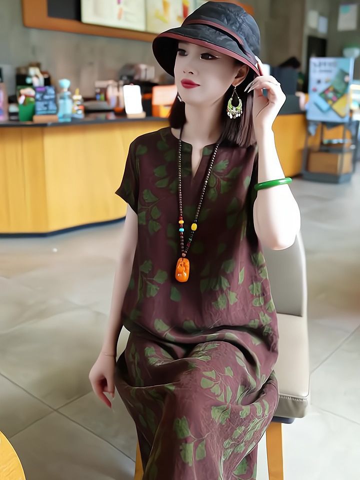 2026新款香云纱桑蚕丝连衣裙女夏季新款宽松中长款V领中老年妈妈