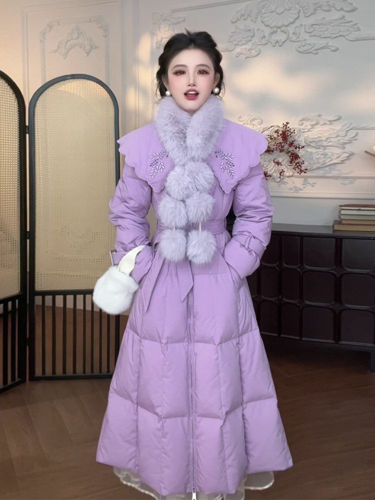 2026新款气质中长款过膝紫色羽绒服女高级感收腰娃娃领冬加厚外套
