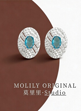 蓝色时尚简约锆石925银针耳钉欧美风小众圆形通勤耳坠女饰品